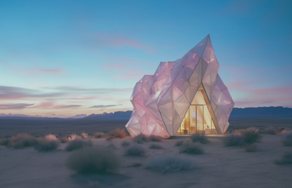 Casa con architettura futuristica in mezzo al deserto