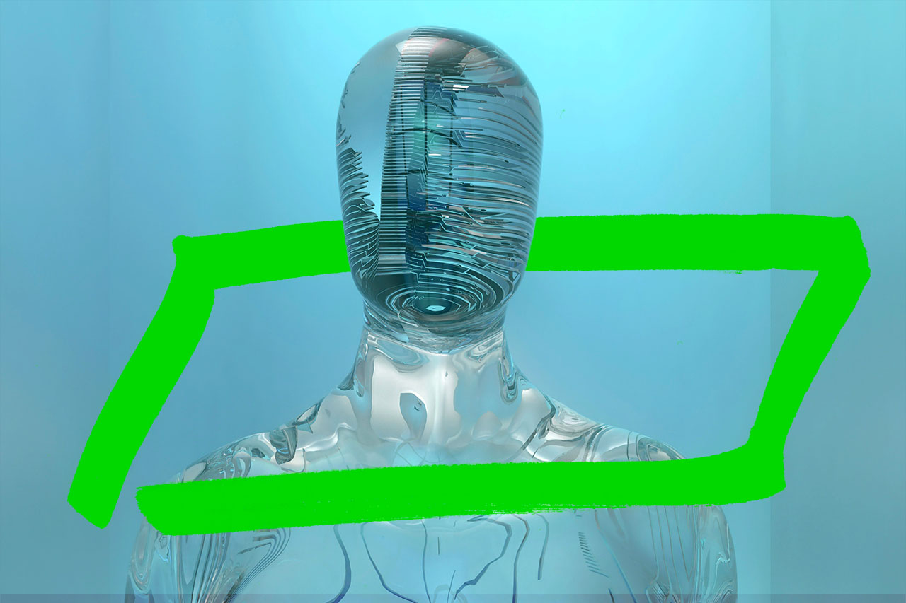Un umanoide su sfondo blu, incorniciato dal verde, simboleggia il ruolo dell'intelligenza artificiale nella rivoluzione creativa.