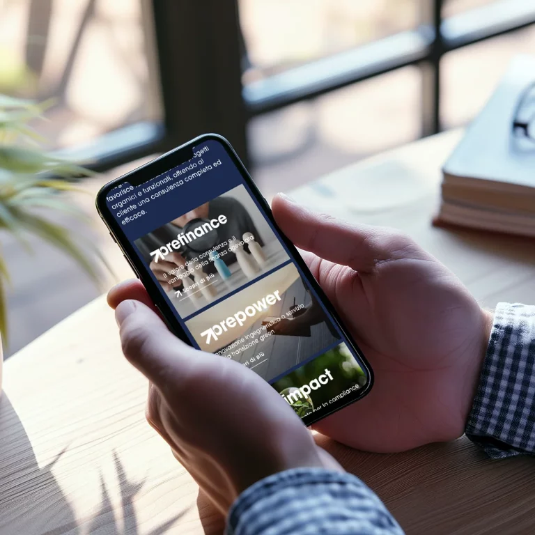 Visualizzazione del sito Prefina su smartphone con focus sui sub-brand e i loro settori di azione