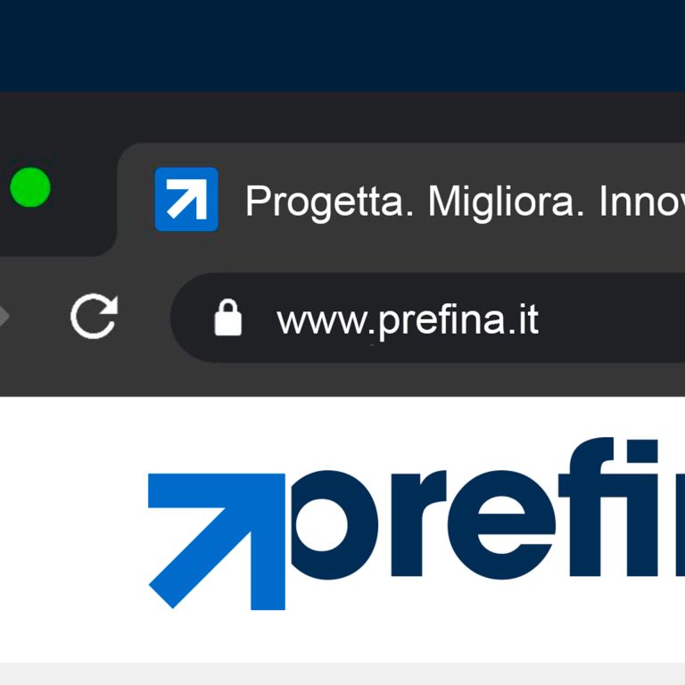 Dettaglio della barra di navigazione con il sito www.prefina.it e il logo di Prefina, accompagnato dal claim "Progetta. Migliora. Innova"